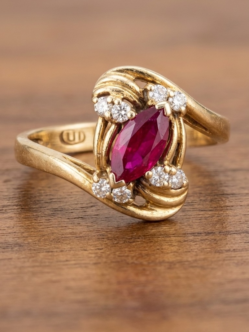 Vintage 14K Gold Marquise Ruby Ring w/ 8 Diamond Accents - Size 5